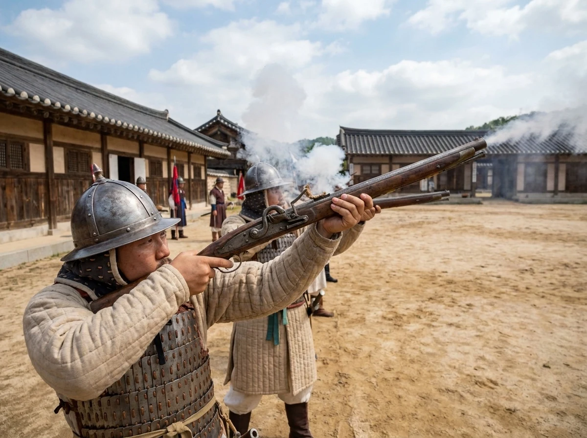 조총을 다루는 포수와 사수 살수로 구성된 훈련도감의 삼수병 군사 훈련