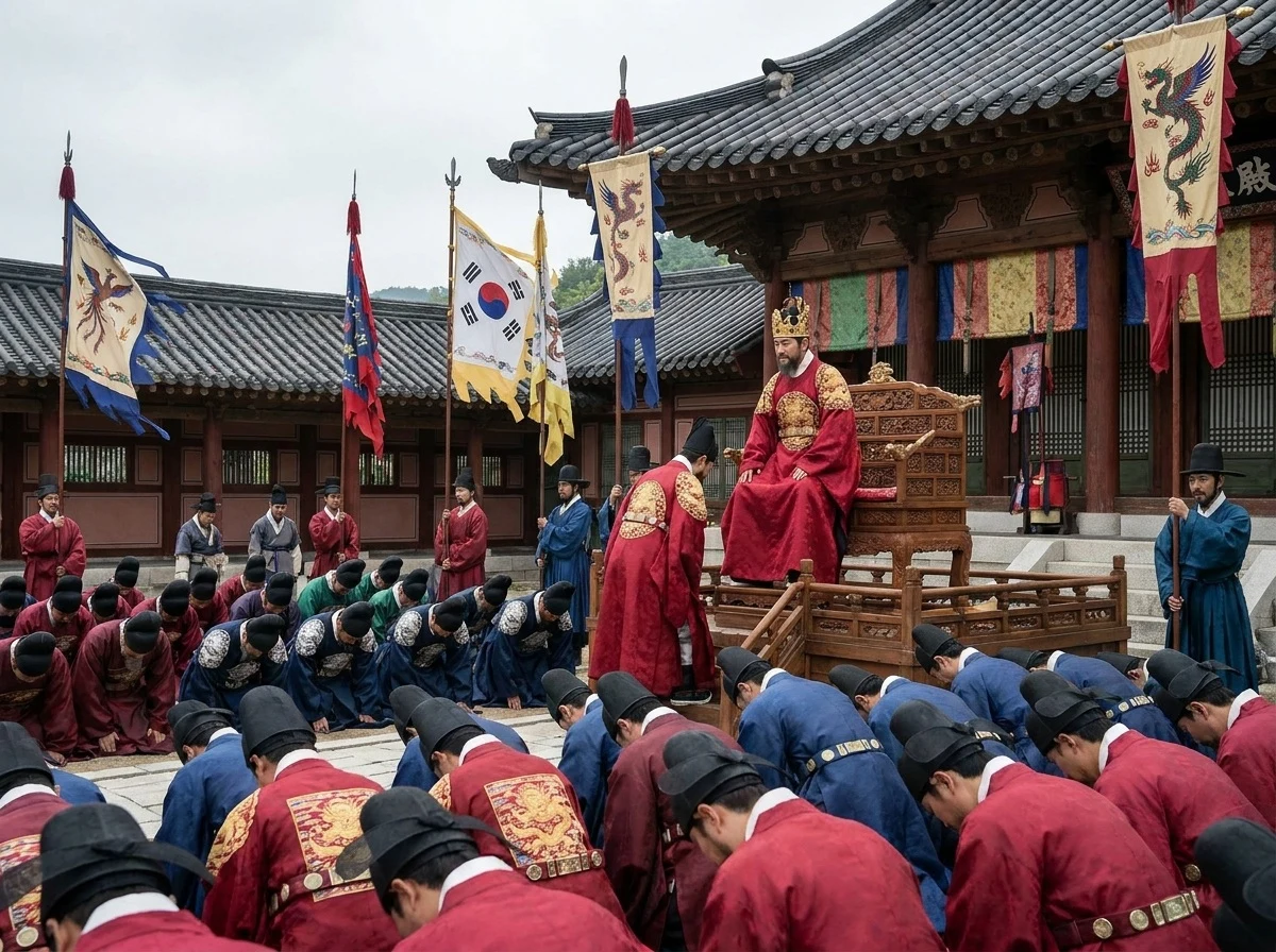 1392년 수창궁에서 백관의 추대를 받아 새 왕조 조선을 개창하는 태조 이성계