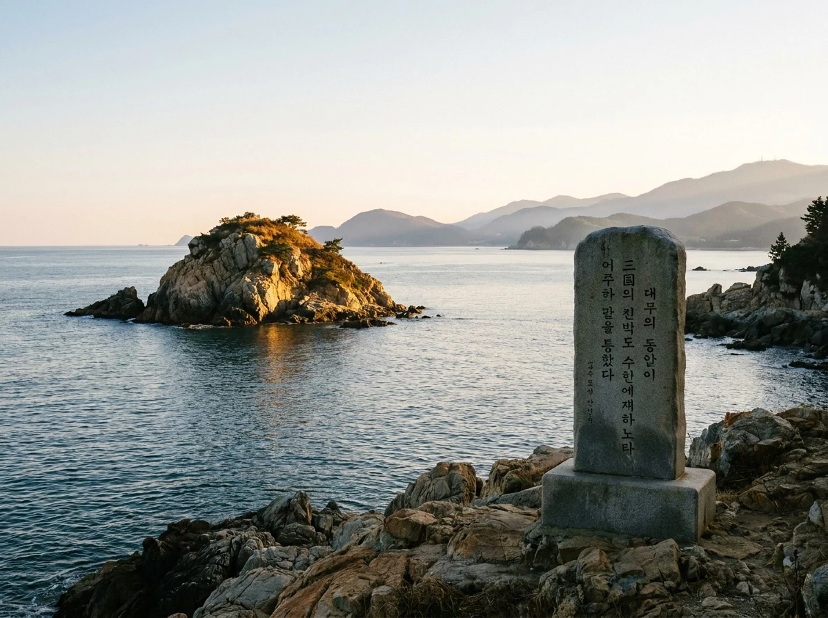 삼국 통일의 위업을 달성한 문무왕릉이 바라보이는 경주 동해안의 역사적 풍경