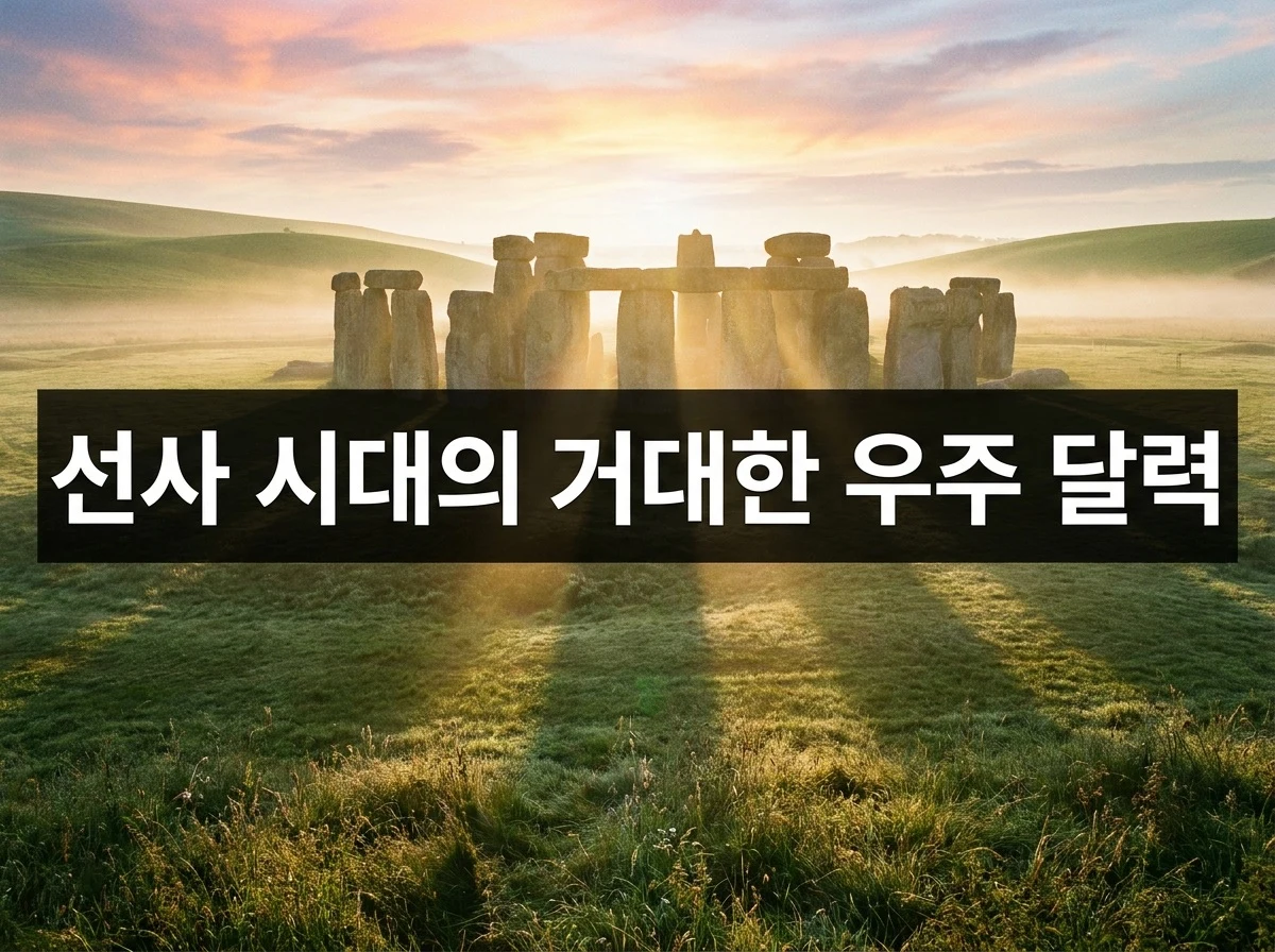 솔즈베리 평원에 서 있는 스톤헨지의 거대한 석조 구조물과 하지의 일출 풍경