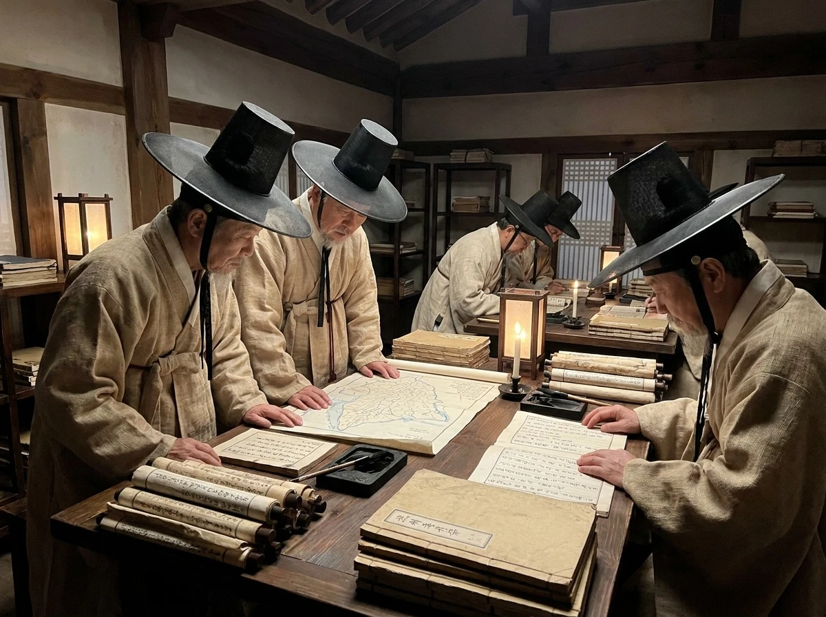 안시성 전투 실제 의미를 탐구하며 고구려 사료를 재검증하는 조선 시대 학자들의 모습