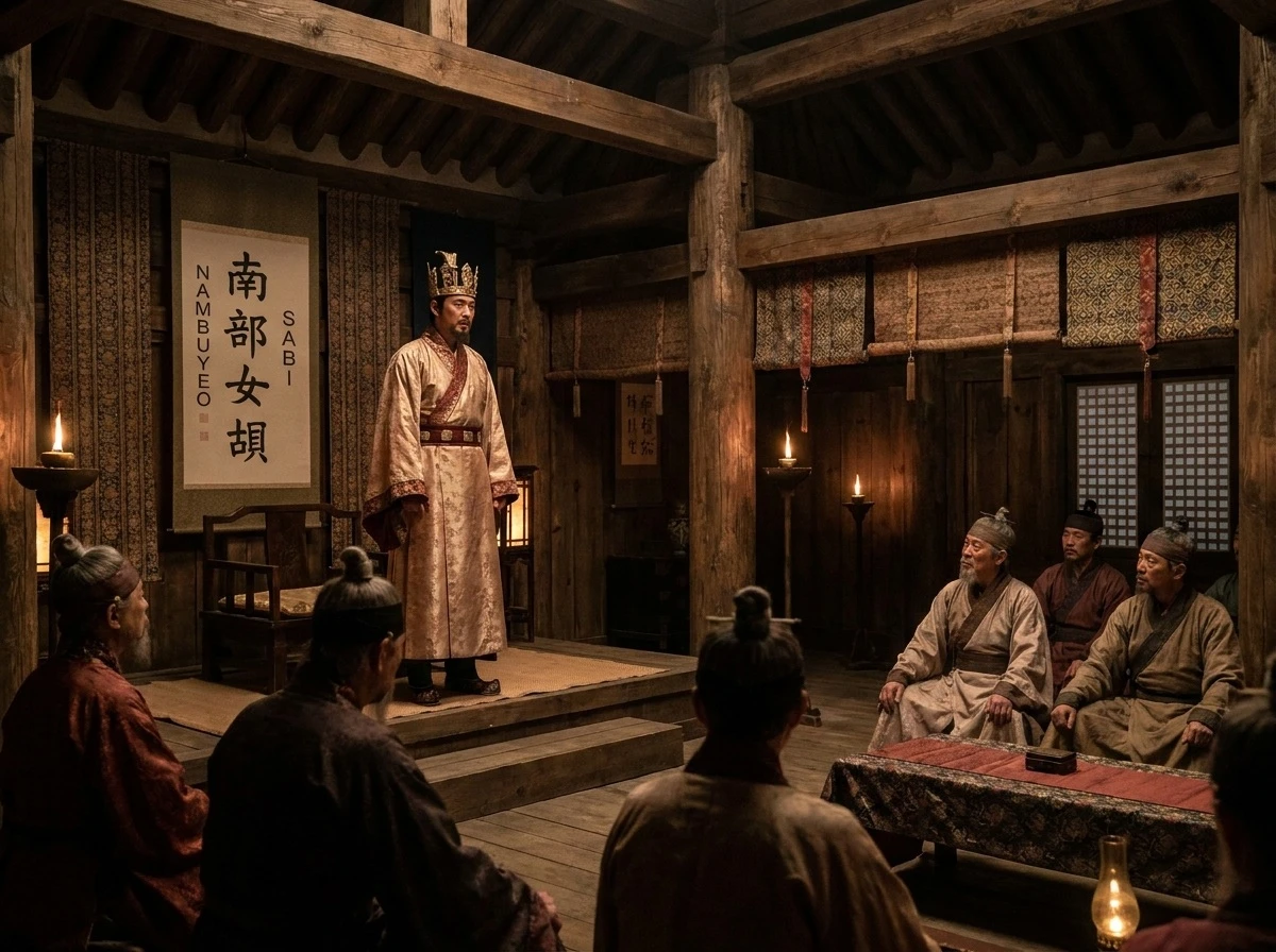 사비 천도를 선포하고 남부여로 국호를 개칭하는 백제 성왕과 조정 관료들의 어전회의
