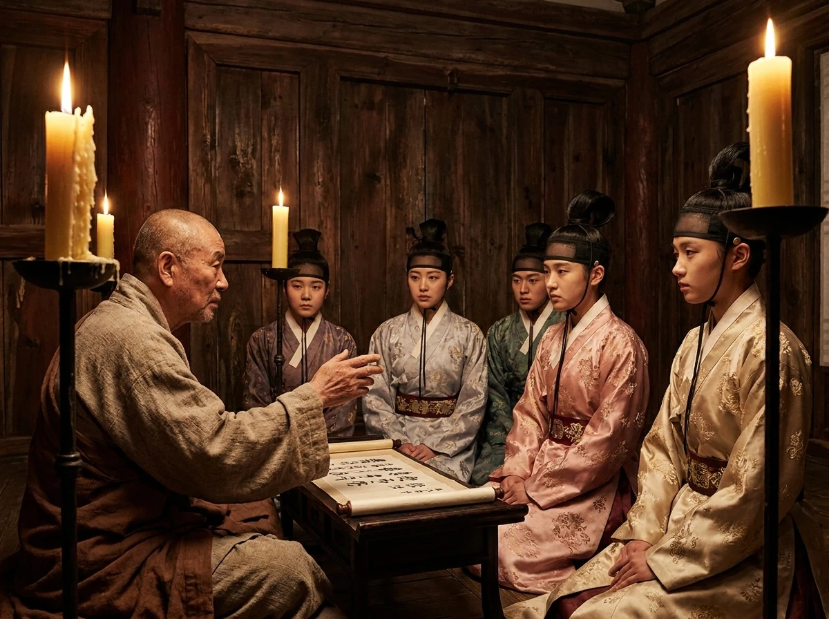 화랑도의 실천 이념인 세속오계를 청년들에게 전수하는 원광법사의 역사적 순간