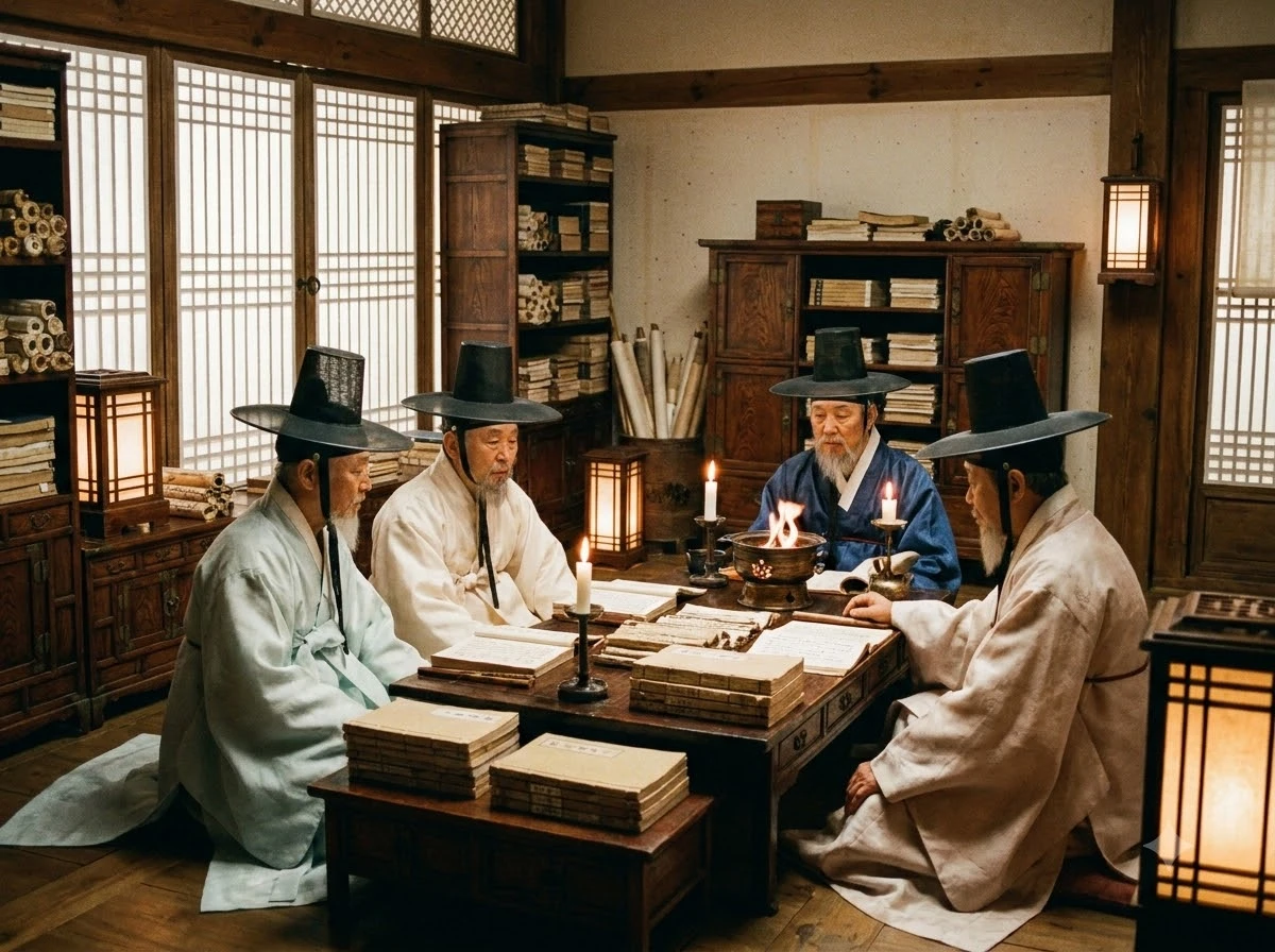 정조의 준론탕평 개혁 기구인 규장각 학자들의 학문 연구 장면