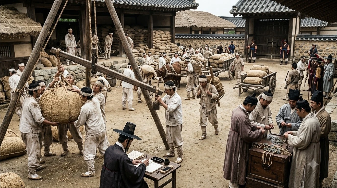 대동법 시행 반대 이유를 극복하고 미곡으로 통일된 조세 창고와 공인의 화폐 거래
