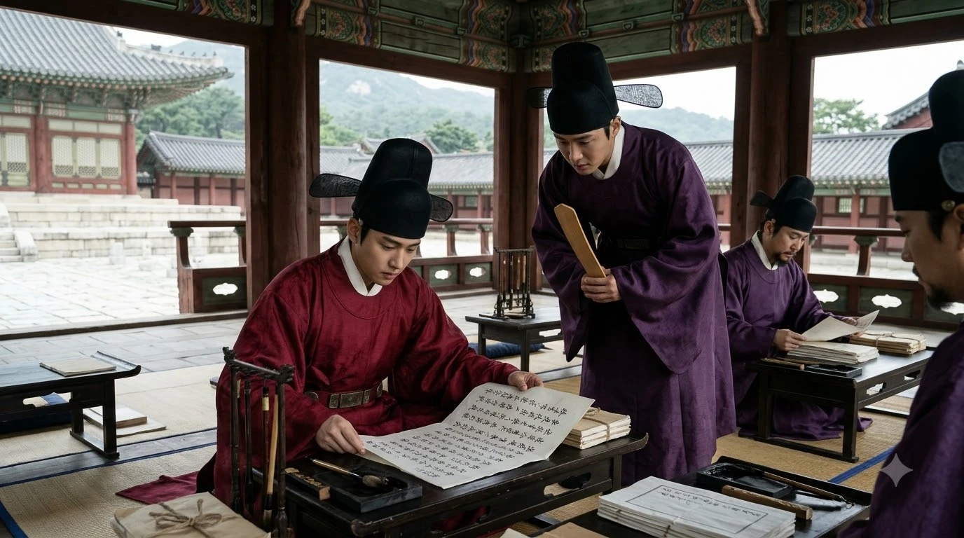 광종의 과거제를 통해 선발된 신진 문신 관료들이 개경 궁궐에서 왕명을 수행하는 장면