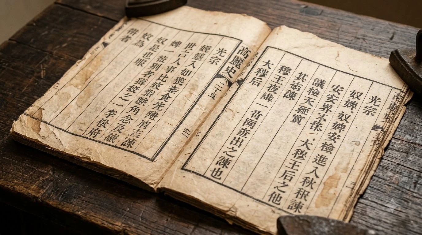 광종 노비안검법 시행에 대한 고려사 광종세가와 형법지 기록을 담은 고문헌 목판본