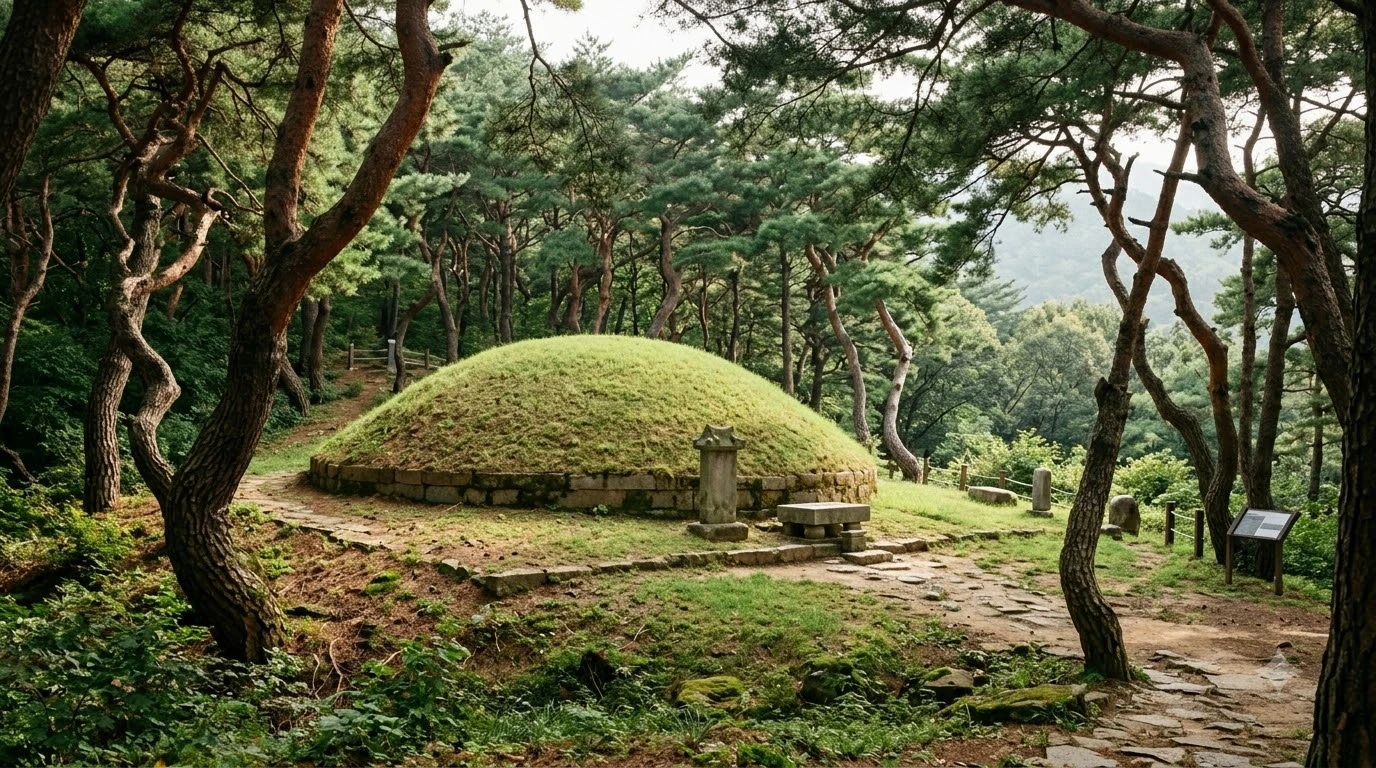 경주 낭산 정상에 안치된 신라 선덕여왕릉과 사천왕사 터 전경