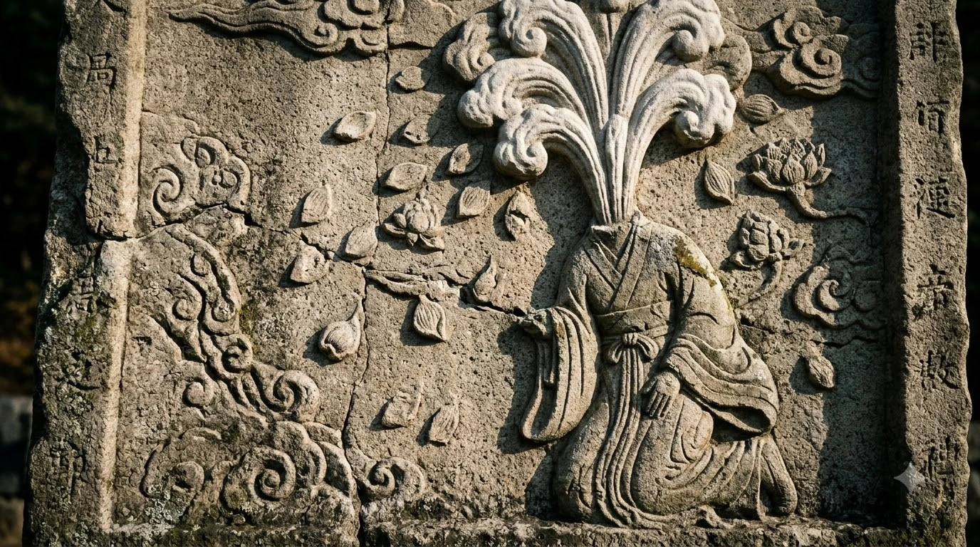 백률사 석당기에 새겨진 목이 잘린 채 흰 피가 솟구치는 이차돈 순교 부조