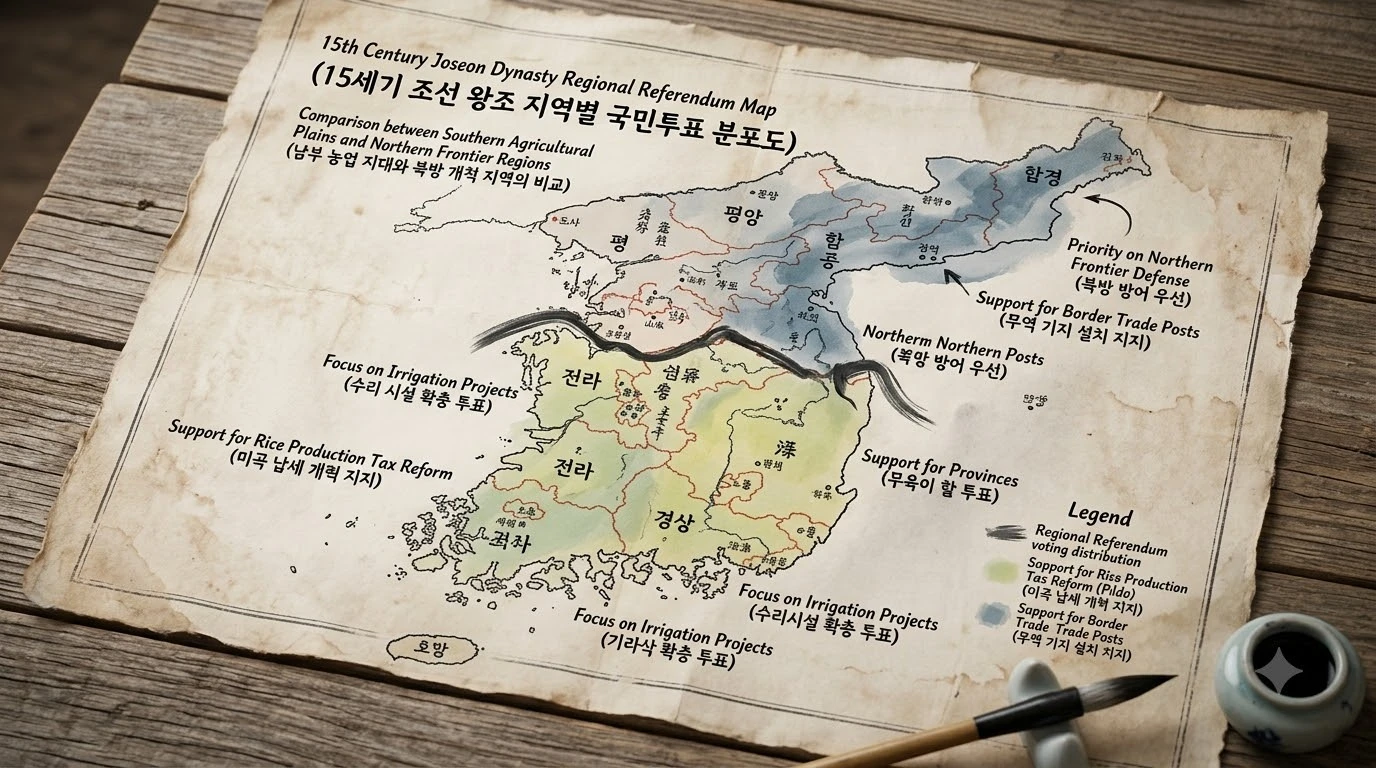 세종 12년 공법 여론조사 17만 명의 지역별 찬반 분포 지도
