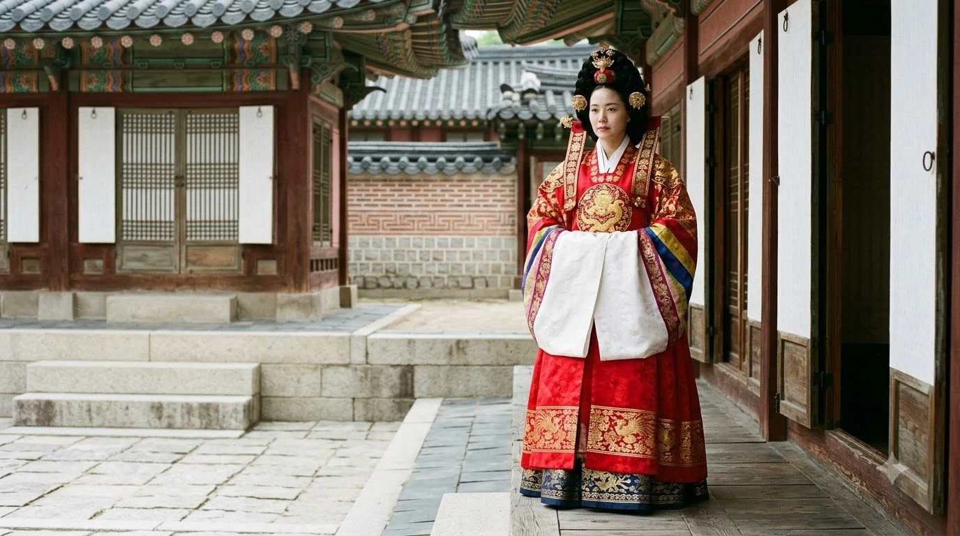 조선시대 왕비가 궁궐 안뜰에서 예복을 입고 서 있는 모습