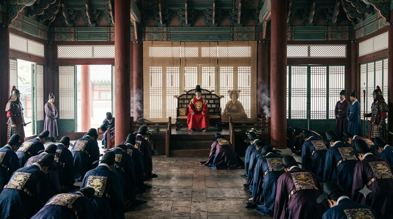조선시대 수렴청정, 어린 왕과 발 뒤의 대비 앞에 엎드린 신하들
