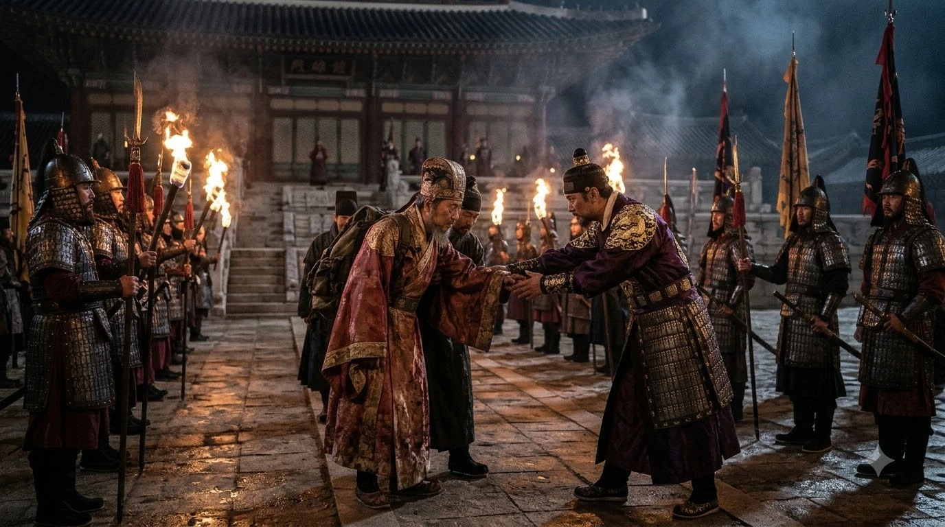 금산사를 탈출하여 고려 개경으로 망명하여 왕건을 만나는 후백제 견훤의 역사적 대면