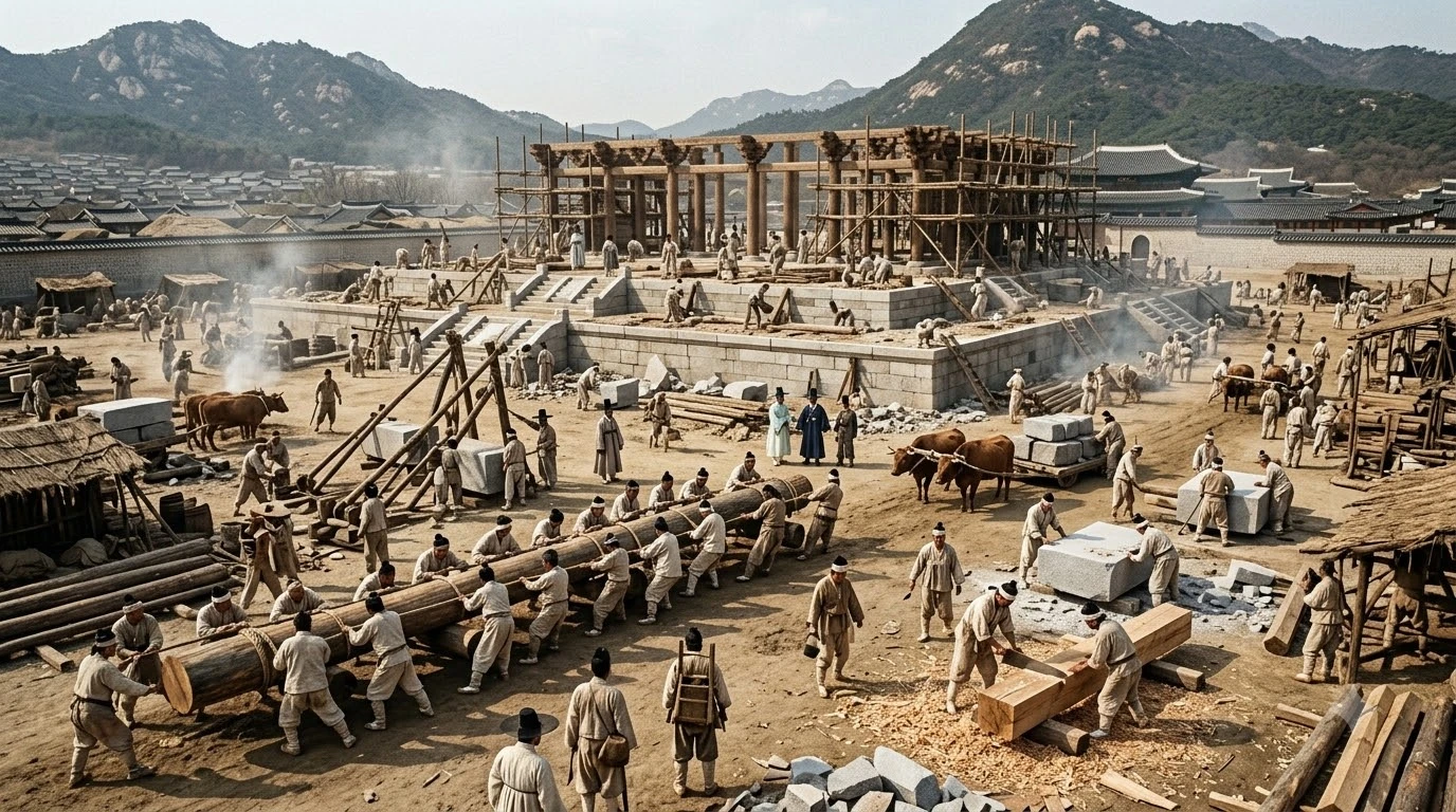 1860년대 경복궁 중건 공사 현장의 목재 운반 및 인력 징발 고증도