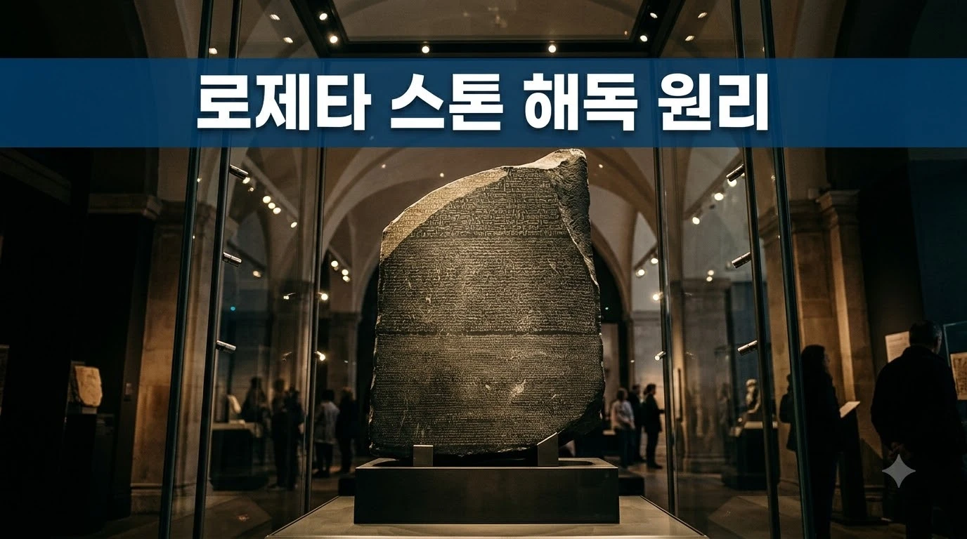 로제타 스톤 해독 원리 분석을 위해 대영박물관 유리 쇼케이스에 전시된 흑색 화강섬록암 비석