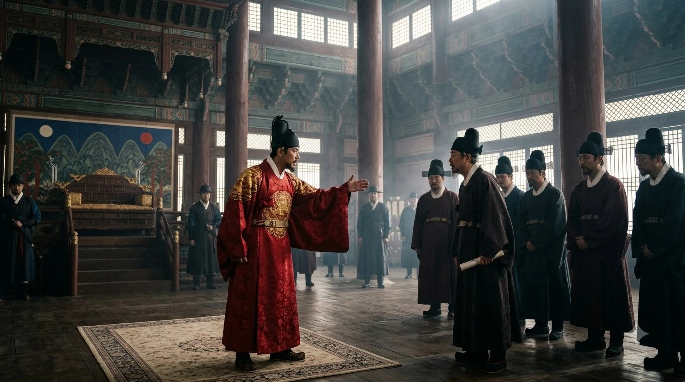 집현전 부제학 최만리를 국문하며 음운학적 원리를 반박하는 세종대왕의 어전 회의