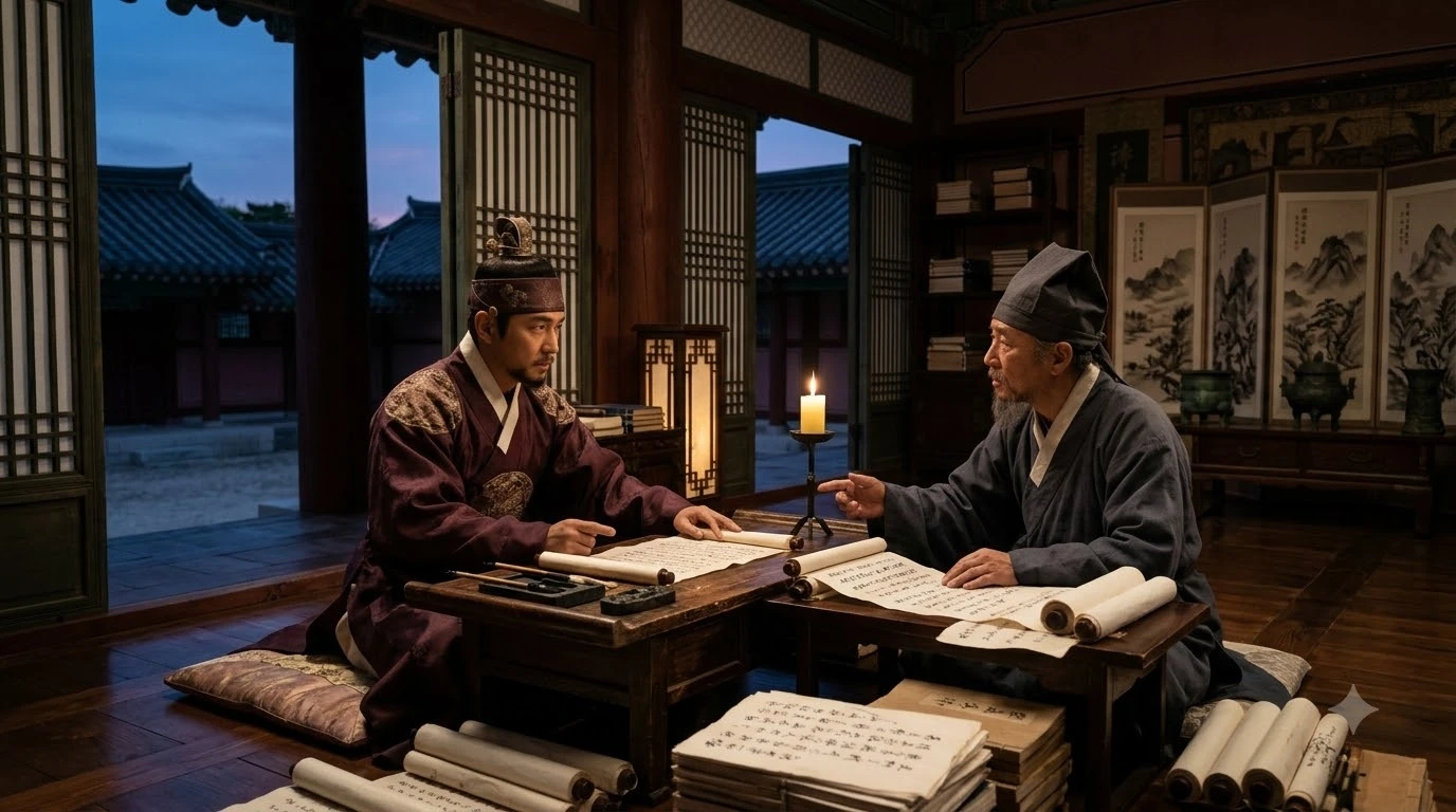 광종과 후주 출신 귀화 관료 쌍기가 만나 958년 과거제 도입을 논의하는 어전 회의